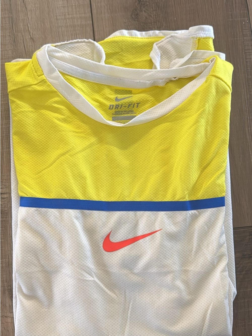 Nike Colorblock Dri-FIT Tank - Yellow, White & Blue with Coral Swoosh